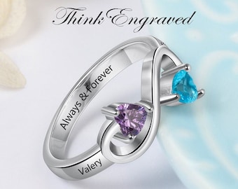 Personalized Mothers Infinity Ring 2 Heart Birthstones 2 Engraved Names