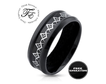 Personalized Black and White Masonic Compass Ring Engraved Mason Ring