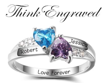 Personalized Sterling Silver Mother's Ring: Two Stone Heart, Engraved Names