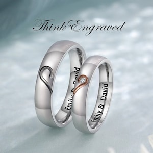 Personalized His and Hers Promise or Wedding Ring Set Matching Hearts Couples Rings