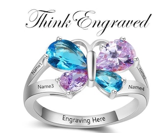 Personalized 4 Birthstone Butterfly Mother's Ring 4 Engraved Names