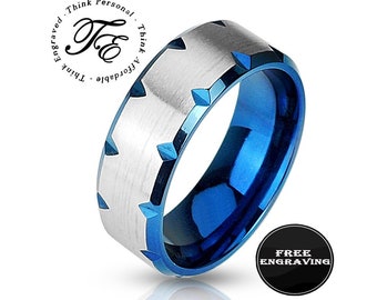 Engraved Men's Promise Ring or Wedding Ring - Two Tone Blue and Silver