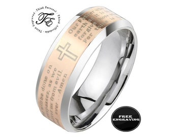Engraved Lord's Prayer Cross Ring - Rose Gold Christian Band