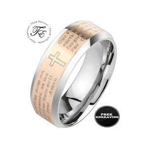 Custom Engraved Men&#39;s Lord&#39;s Prayer Cross Wedding Ring - Personalized Christian Wedding Ring For Guy&#39;s