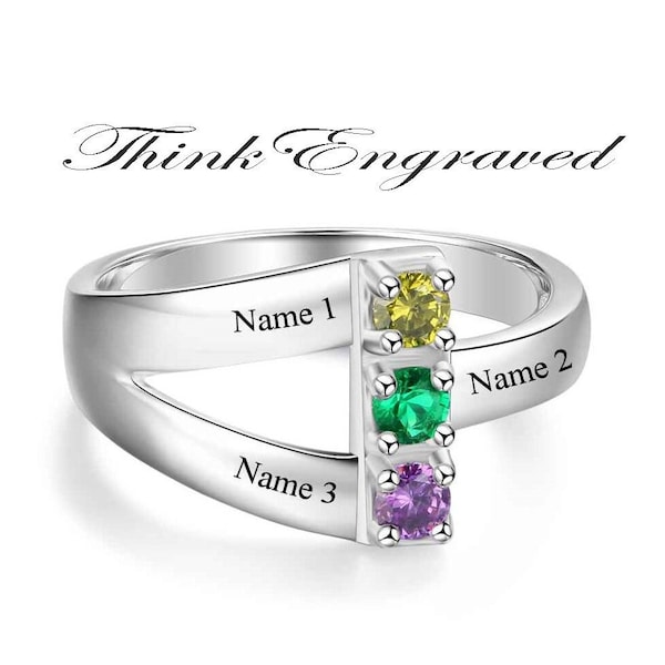 3 Birthstone Mother's Ring - 3 Engraved Names Ribbon Style Band