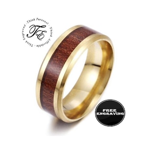 Bague de promesse pour homme gravée personnalisée en or avec incrustation de bois - Bague d'écriture manuscrite