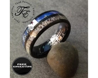 Engraved Black Tungsten Ring: Antler Inlay Wedding Band
