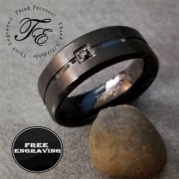 Personalized Men's Wedding Ring - Black Gem Black Grooved Band - Engraved Wedding Band