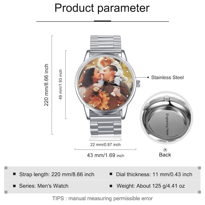 May include: A silver watch with a round face and a photo of a family on the dial. The watch has a stainless steel band and is 8.66 inches long. The watch is 1.93 inches wide and 1.69 inches tall. The watch is 0.43 inches thick and weighs 4.41 ounces.
