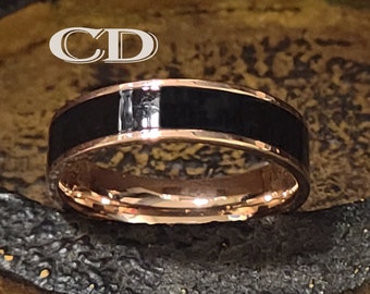 Men's Real Rose Gold Tungsten Wedding Ring With Black Ceramic Inlay Guys Ring