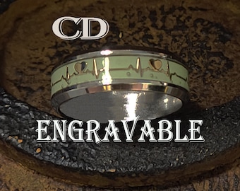 Anillo con latido de corazón grabado: Plata y oro rosa, anillo de promesa que brilla en la oscuridad.