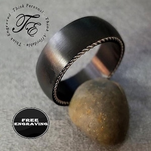 Personalized Cable Inlay Men&#39;s Ring: Engraved Stainless Steel Wedding Ring Band