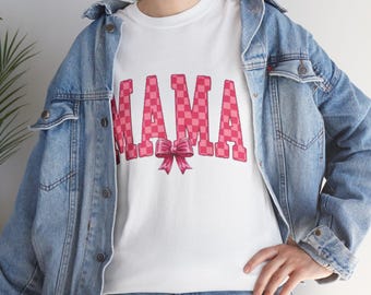 Maglietta con lettere a scacchiera MAMA / maglietta mamma con fiocco rosa