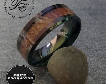 Mens Engraved Black Promise Band Ring Wood Inlay