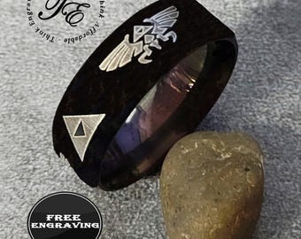 Anillo de boda negro personalizado para hombre con diseño de Zelda y grabado - Anillo de la Trifuerza