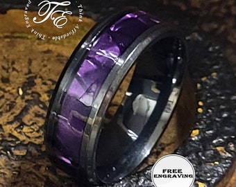Anillo de charoita púrpura grabado para hombre: Anillo de promesa de acero inoxidable negro