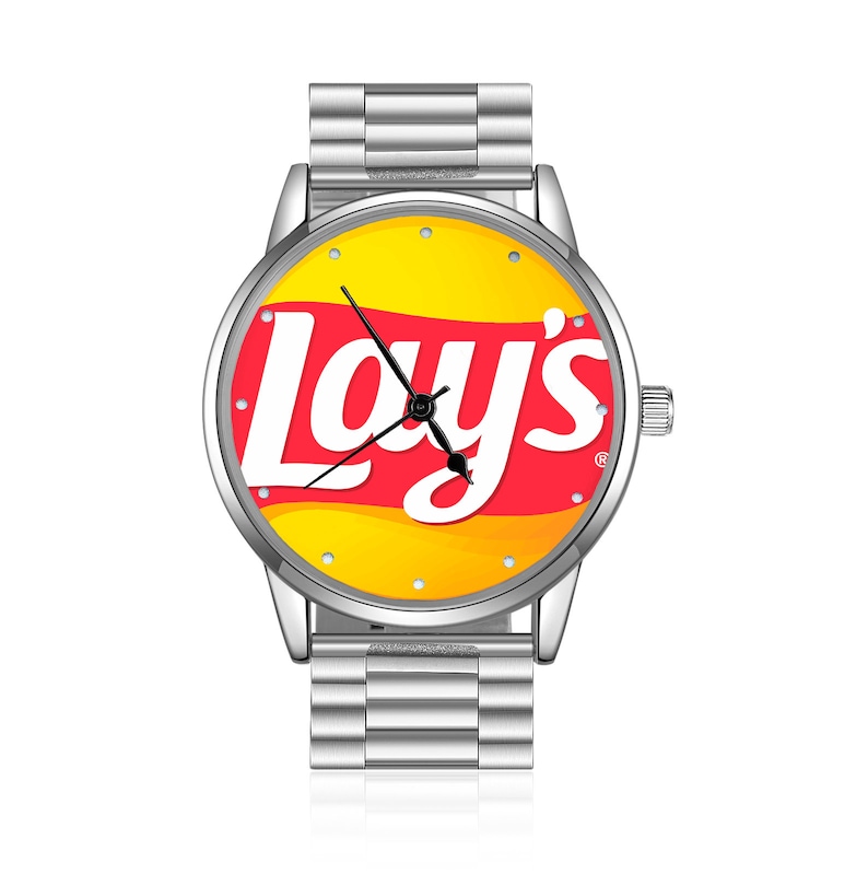 May include: A silver wristwatch with a white face and black hands. The face of the watch features the Lay's logo in red and yellow.