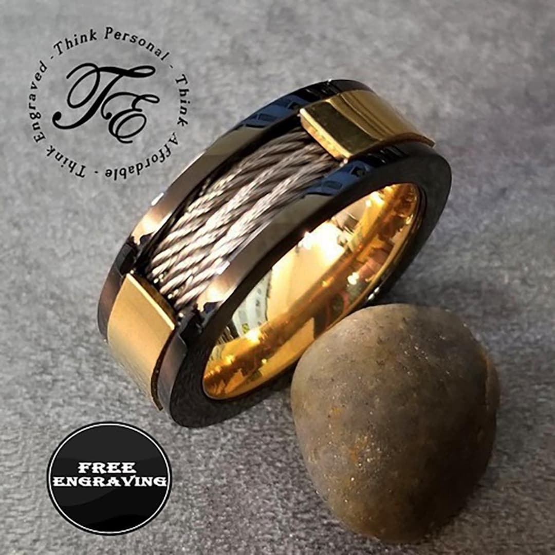 Personalized Engraved Men's Wedding Band Ring With Cable Inlays ...