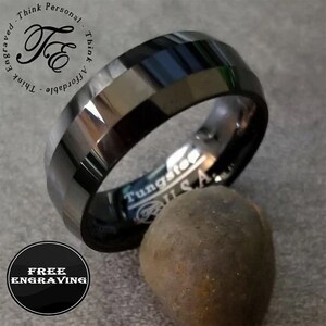 Personalized Men&#39;s Personalized Beveled Black Tungsten Wedding Ring Band  - Beveled Black Tungsten Wedding Ring For Him