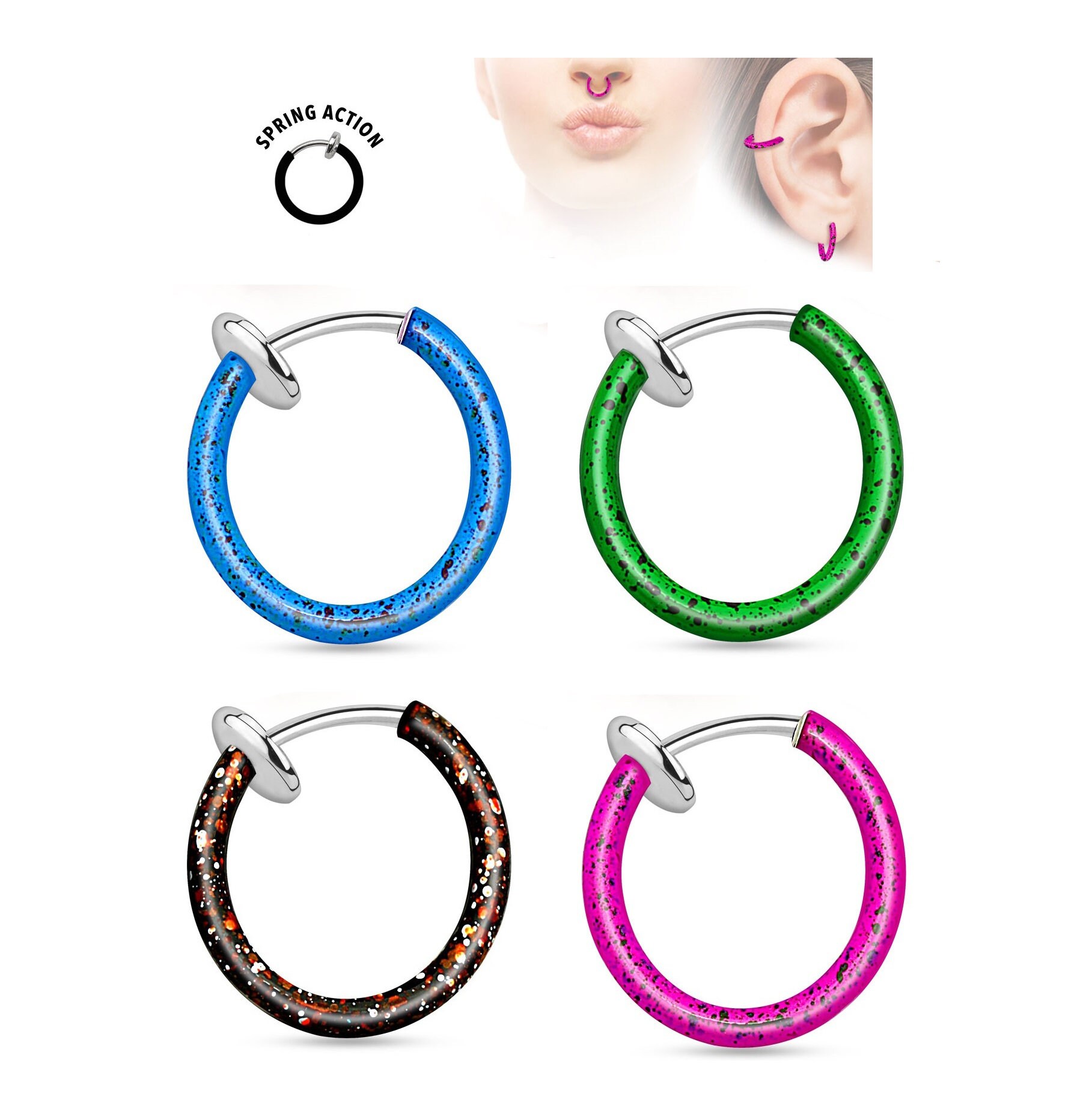 2Pcs 8mm Non Piercing Septum Piercing Spring Action Fake Body Jewelry Hoop Surgical Steel 