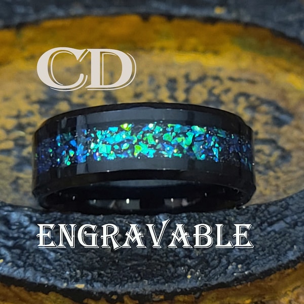 Men's Real Black Tungsten Promise Ring Band With Green and Blue Galaxy Opal Promise Ring for Him