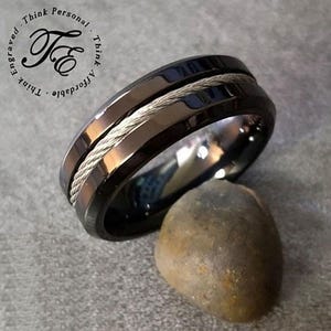 Men&#39;s Wire Cable Promise Ring  - Black Wire Inlay For Guys