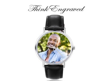 Personalized Photo Watch: Custom Message, Black Leather Band