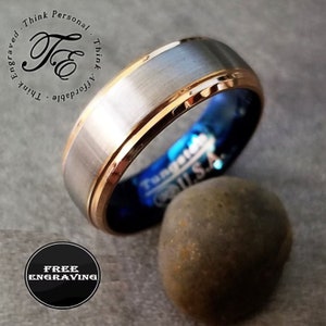 Men&#39;s Blue Silver and Gold Tungsten Wedding Ring Band - Gold Silver and Blue Wedding Ring For Him