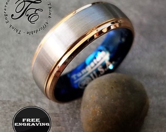 Men's Blue Tungsten Wedding Ring: Silver & Gold Step Edges