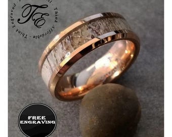 Engraved Men's Rose Gold and Deer Antler Promise Ring