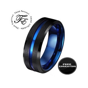 Men&#39;s Personalized Black Tungsten Wedding Ring Bang With Blue Line Filled Groove - Engraved Wedding Ring For Guys