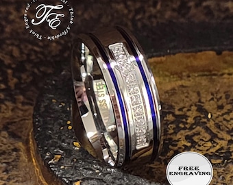 Men's Blue Line CZ Promise Ring: Polished 316L Steel Band