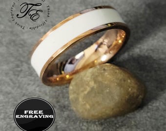 Engraved Men's White Ceramic Promise Ring: Rose Gold Accent, Comfort Fit