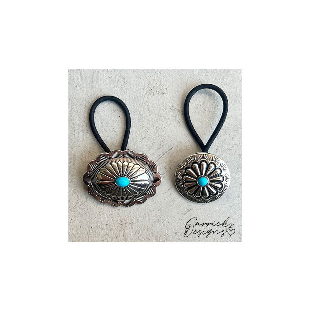 Turquoise Western Concho Hair Tie: Silvered Metal Pony Tail  display picture 1