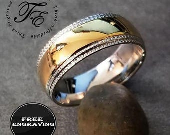 Alianza de boda para hombre grabada en oro y plata: acero inoxidable hipoalergénico