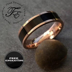 Men&#39;s Engraved Promise Ring With Black Ceramic Inlay and Rose Gold IP
