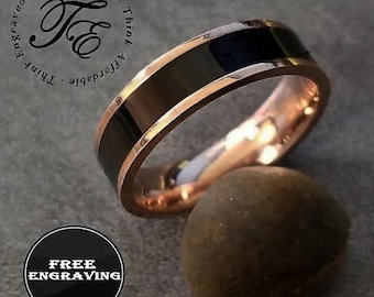 Men's Engraved Promise Ring With Black Ceramic Inlay and Rose Gold IP