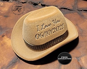Custom Engraved Cowboy Hat Ring Box - Personalized Jewelry Box