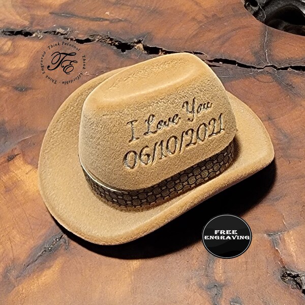 Custom Engraved Cowboy Hat Ring Box - Personalized Ring Box