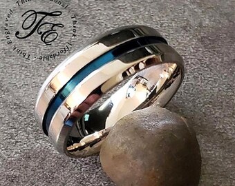 Men's Silver Wedding Ring: Blue Groove Comfort Fit Band