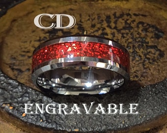 Men's Engraved Tungsten Promise Ring: Red Galaxy Opal Inlay