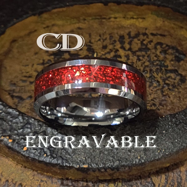 Men's Personalized Engraved Red Galaxy Opal  Tungsten Wedding Ring Band  - Engraved Red Galaxy Opal Wedding Ring For Guys