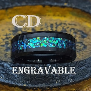 Engraved Men's Sapphire and Emerald Galaxy Tungsten Promise Ring Band - Green and Blue Galaxy Promise Ring for Him