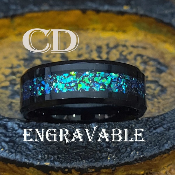 Engraved Men's Sapphire and Emerald Galaxy Tungsten Promise Ring Band - Green and Blue Galaxy Promise Ring for Him