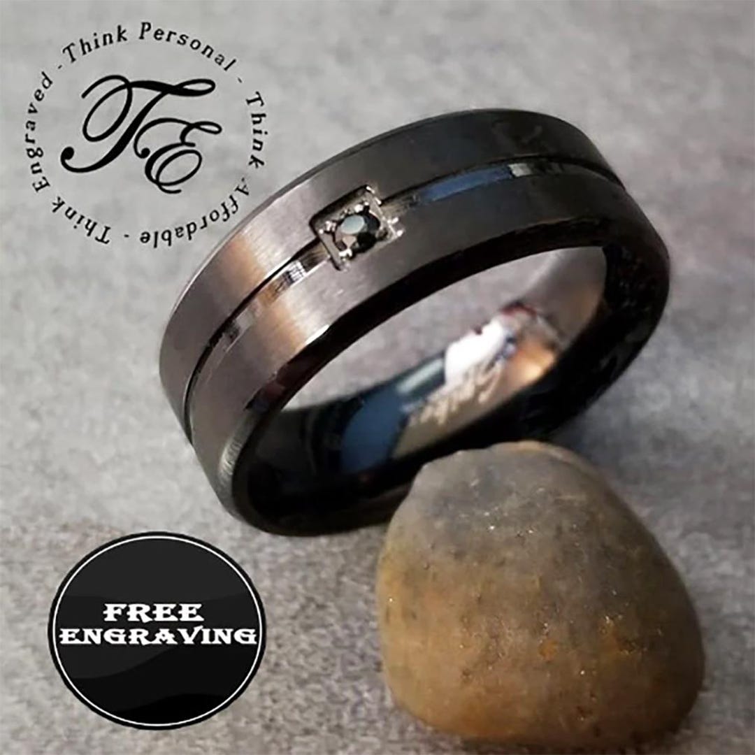 Black Gem Wedding Ring for Men: Black Groove 316L Steel Band - Etsy