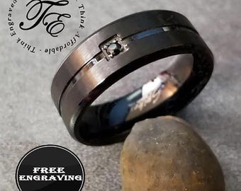 Black Gem Wedding Ring for Men: Black Groove 316L Steel Band