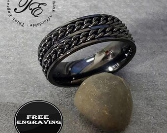 Anillo giratorio de doble cadena negro para hombre: Anillo antiestrés de acero inoxidable