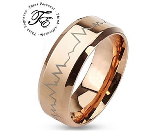 Alianza de boda para hombre con diseño de latido de corazón en oro rosa: Anillo de acero inoxidable