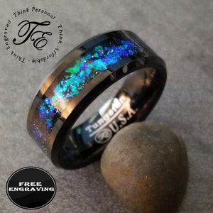 Men's Personalized Galaxy Opal Promise Ring - Engraved Men's Opal Tungsten Promise Ring