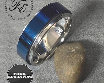 Men's Engraved Blue Spinner Ring: Stainless Steel Worry Ring